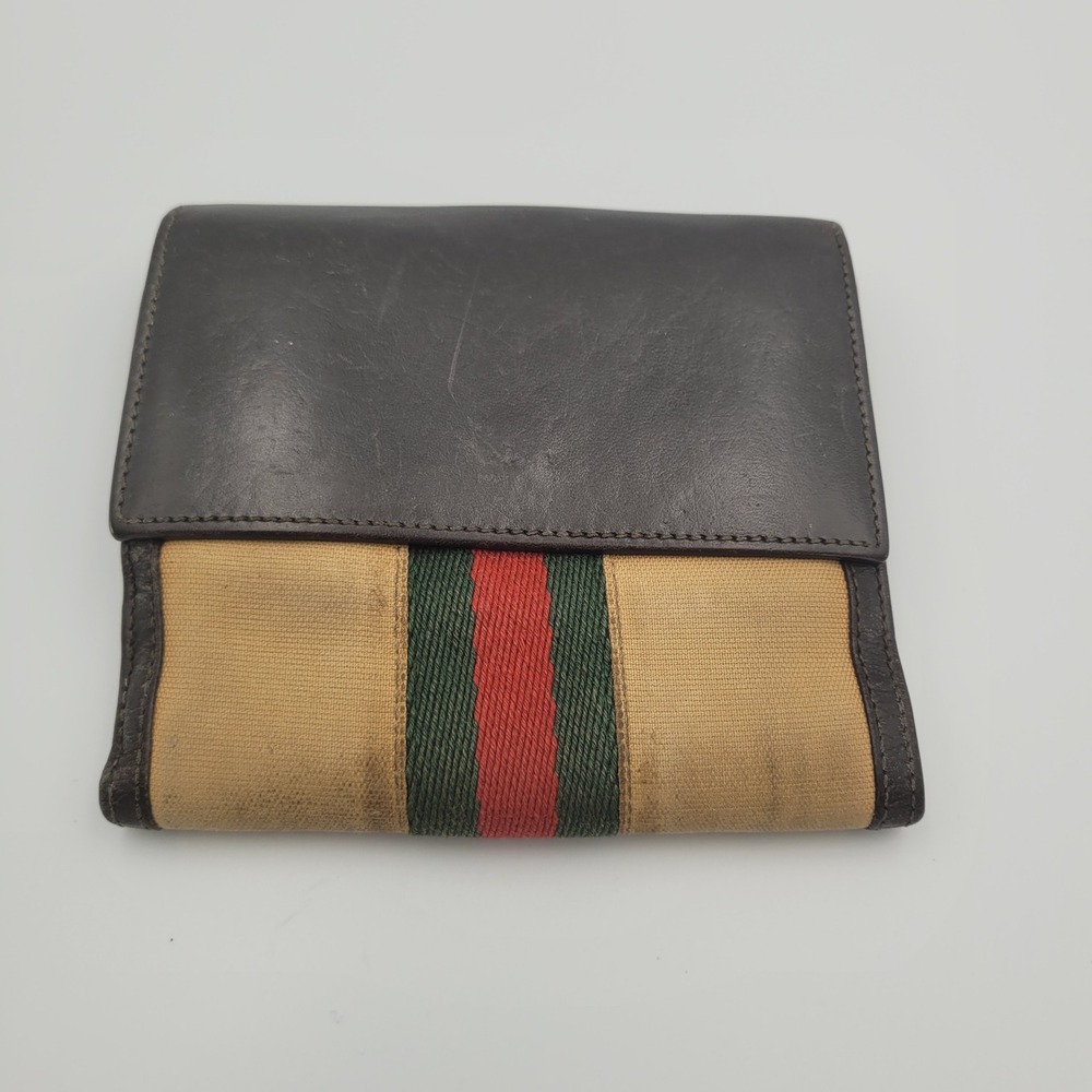 Gucci Sherry Line Bifold Wallet Brown Leather Tan Canvas Web Stripe Medium
